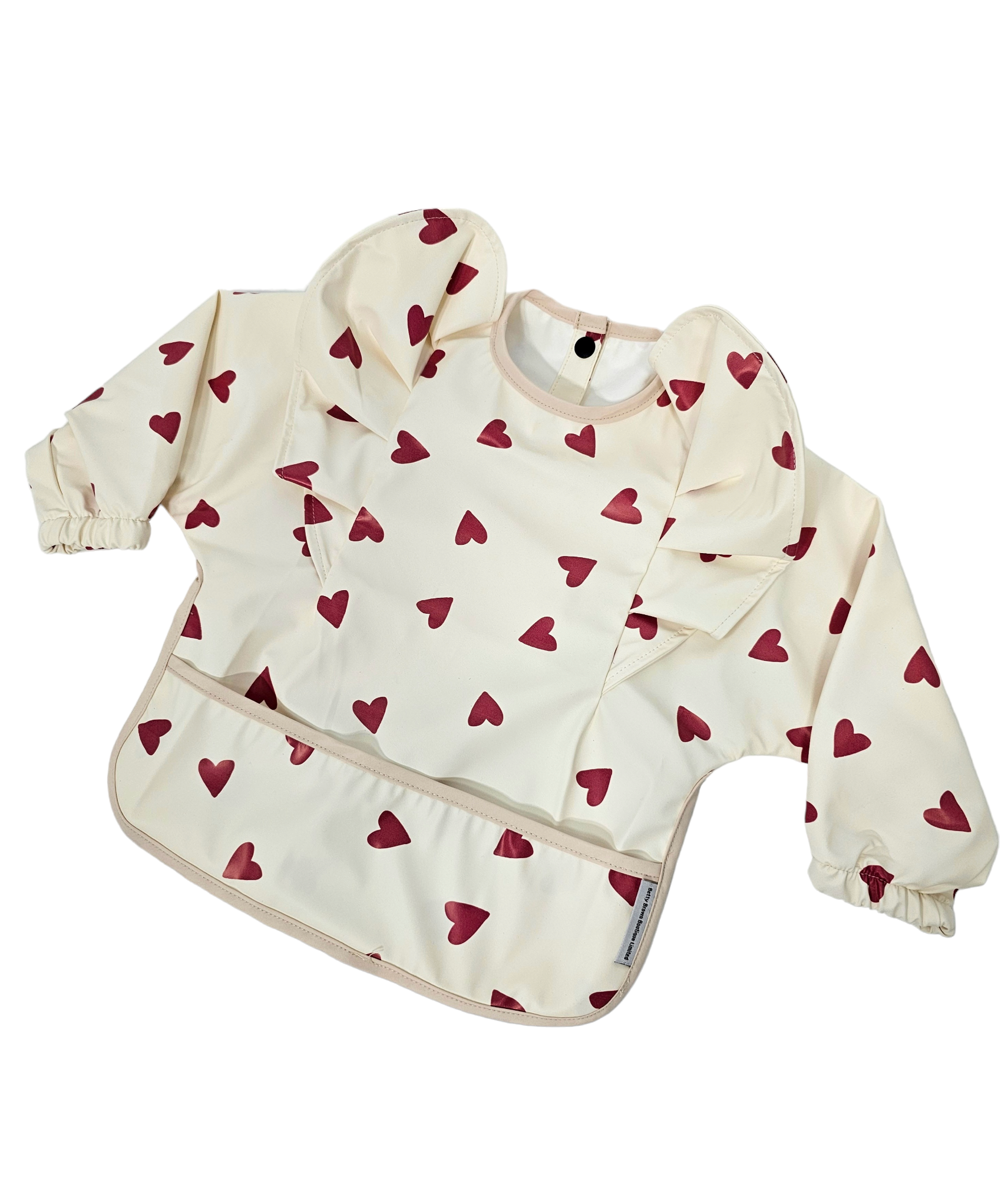 Red Heart Print Frill Detail Waterproof Bib with Sleeves - Betty Brown Boutique Ltd