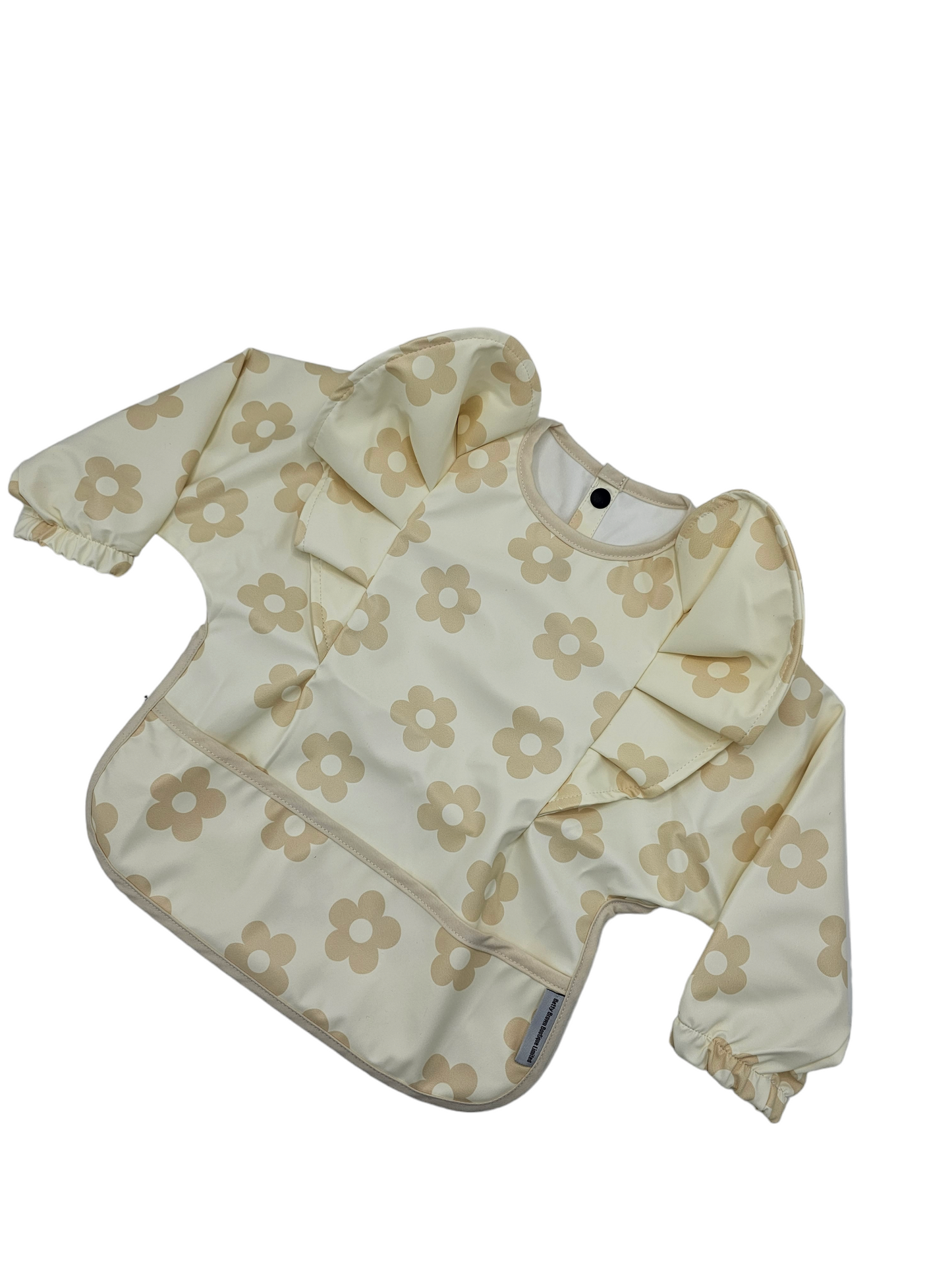Neutral Daisy Print Frill Detail Waterproof Bib with Sleeves - Betty Brown Boutique Ltd