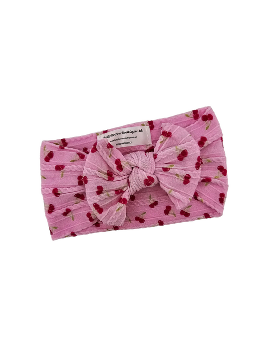Pink Cherry Print Smaller Bow Cable Knit Headwrap