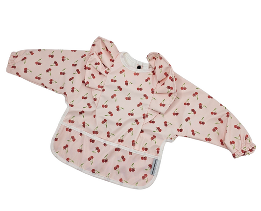 Pink Cherry Frill Detail Waterproof Bib with Sleeves