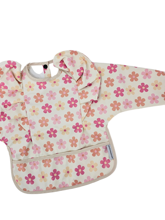 Pink Daisy Print Frill Detail Waterproof Bib with Sleeves