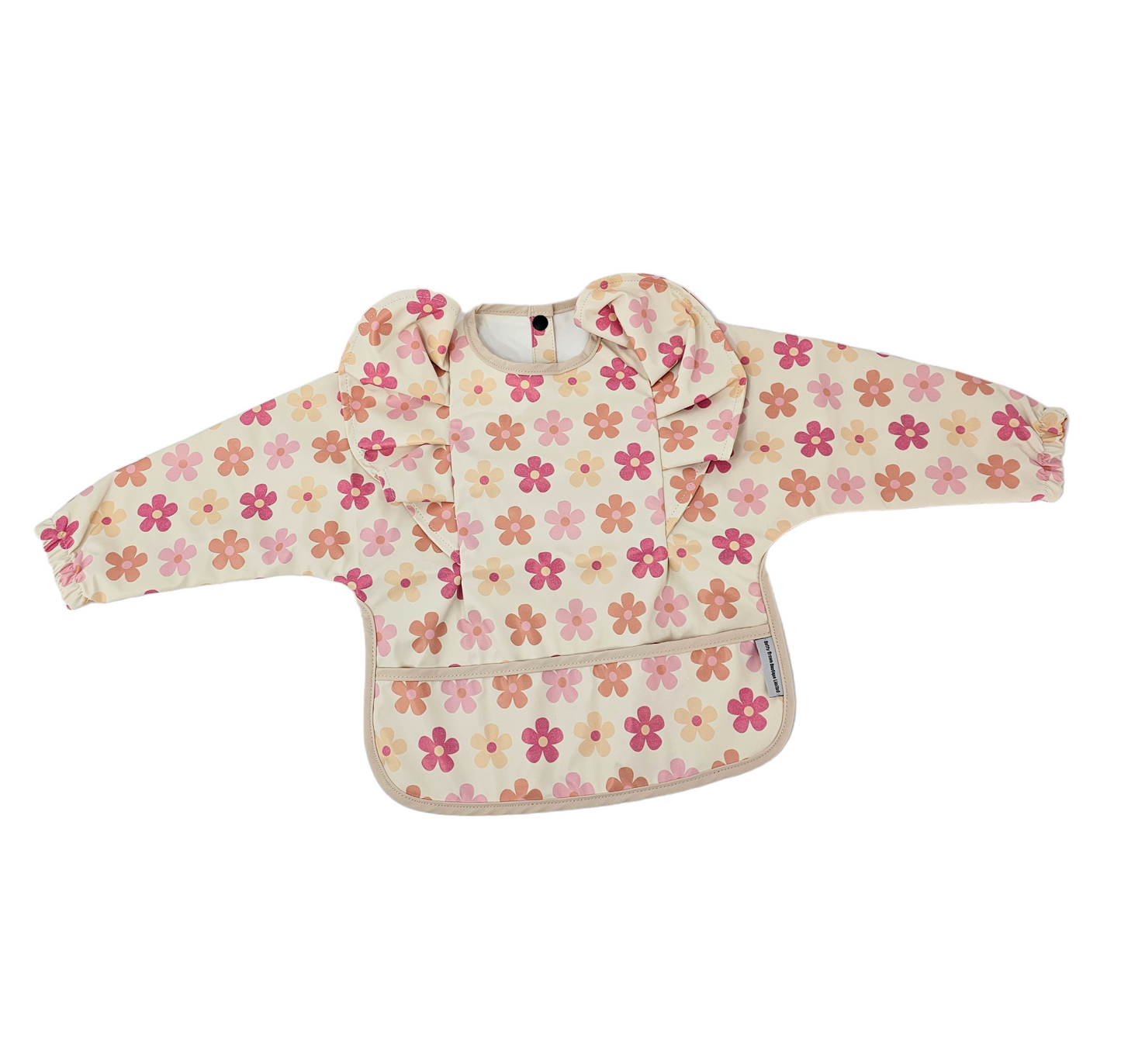 Pink Daisy Print Frill Detail Waterproof Bib with Sleeves