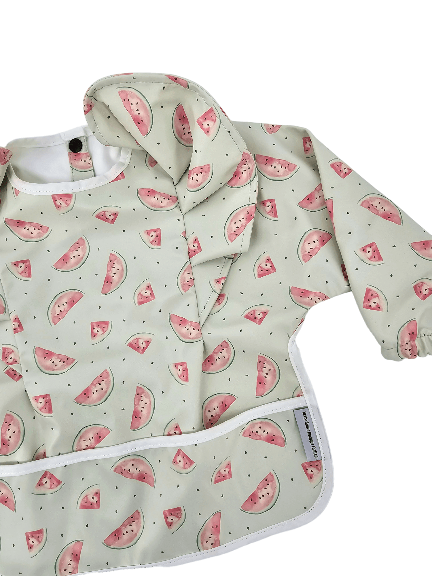 Mint Green Watermelon Print Frill Detailed Waterproof Bib with Sleeves - Betty Brown Boutique Ltd