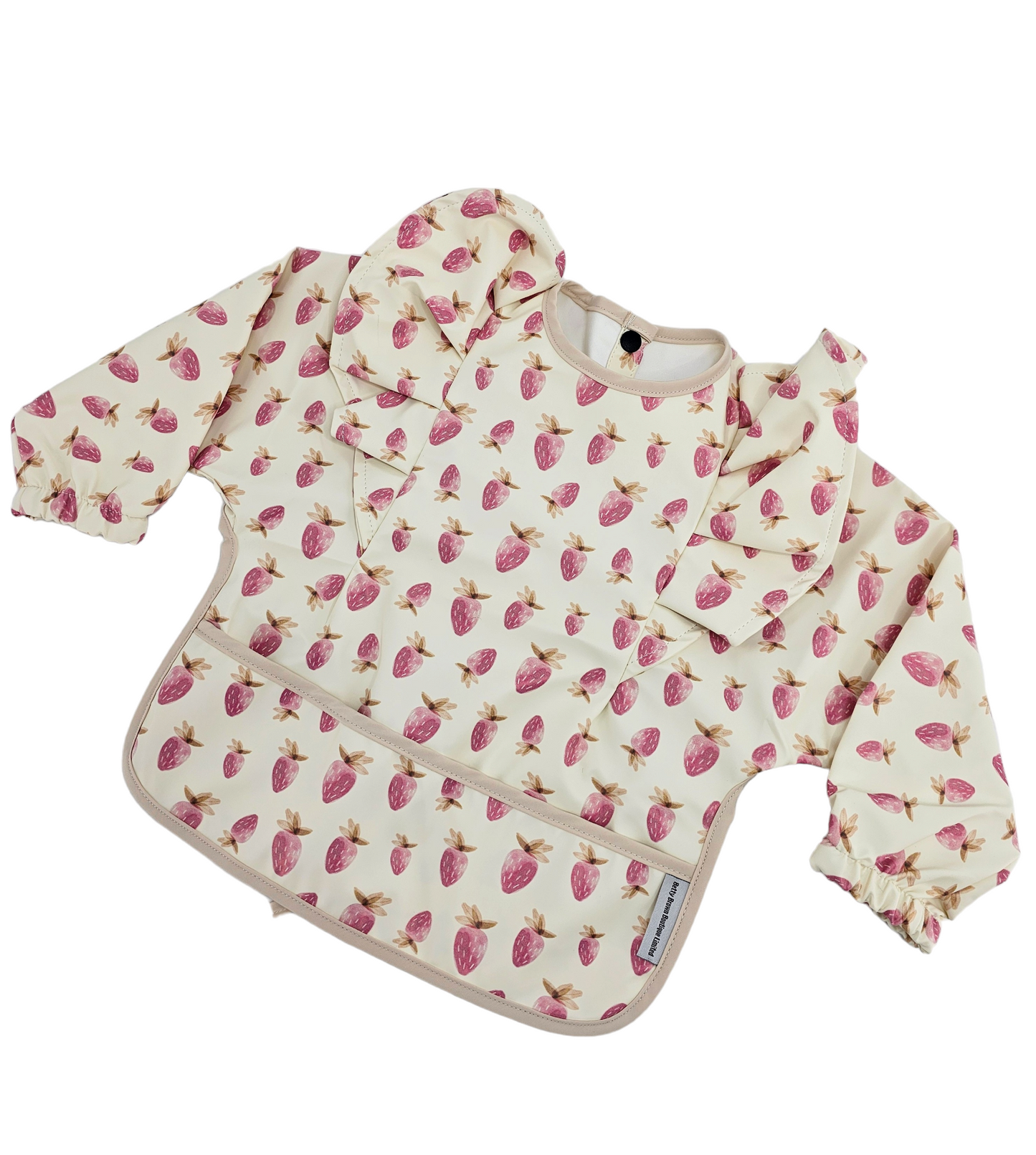 Cream with Pink Strawberry Print Frill Detail Waterproof Bib with Sleeves