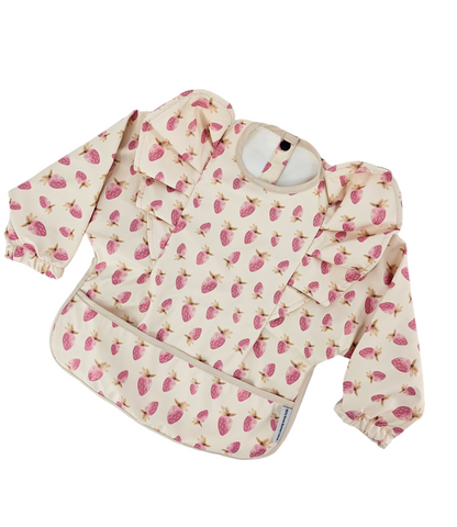 Pale Pink with Pink Strawberry Print Frill Detail Waterproof Bib with Sleeves