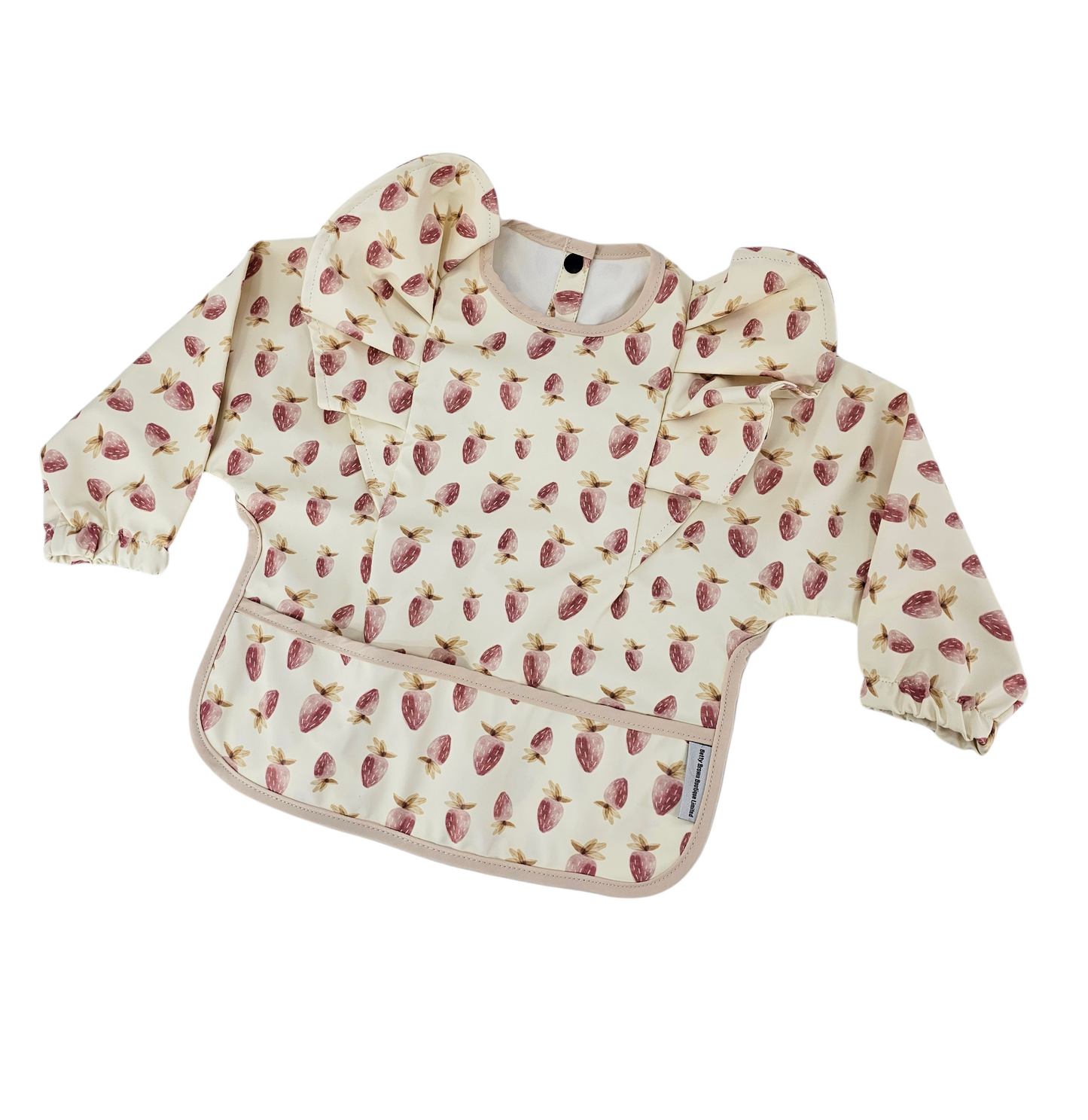 Cream with Dusty Pink Strawberry Print Frill Detail Waterproof Bib with Sleeves