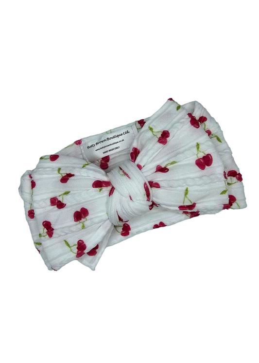 White Cherry Print Larger Bow Cable Knit Headwrap