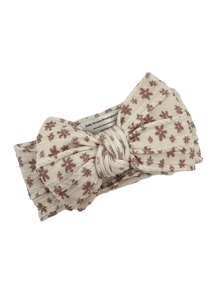 Neutral Flower Print Larger Bow Cable Knit Headwrap