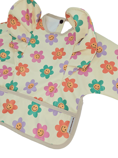 Smiley Daisy Print Frill Detail Waterproof Bib with Sleeves