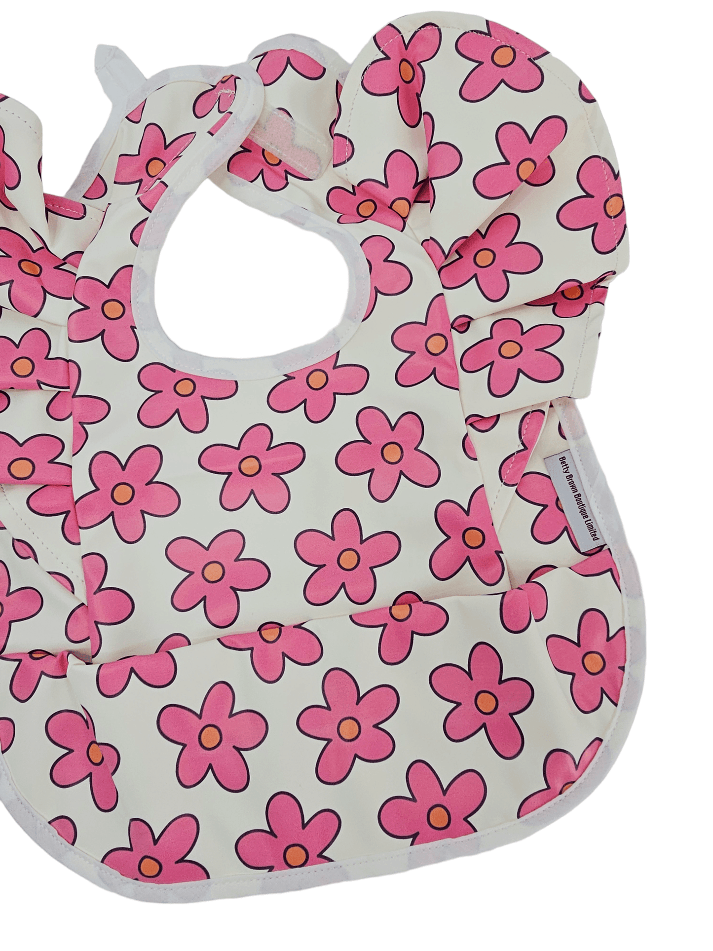 Cream and Pink Daisy Print Frill Detail Waterproof Bib