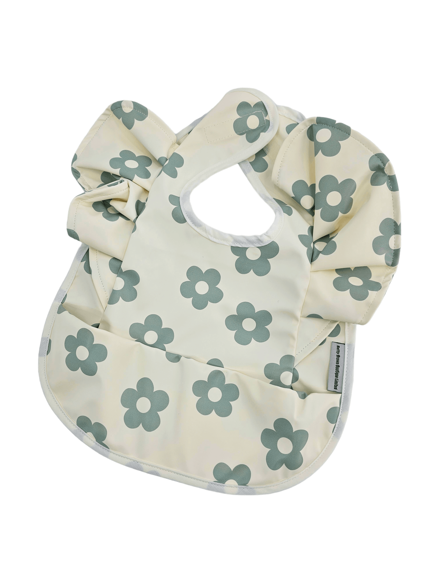 Cream and Sage Daisy Print Frill Detail Waterproof Bib