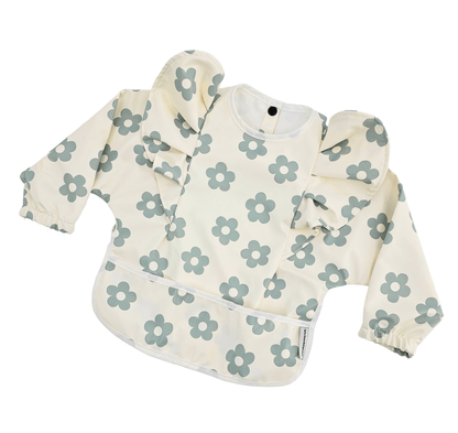 Cream and Sage Daisy Print Frill Detail Waterproof Bib with Sleeves