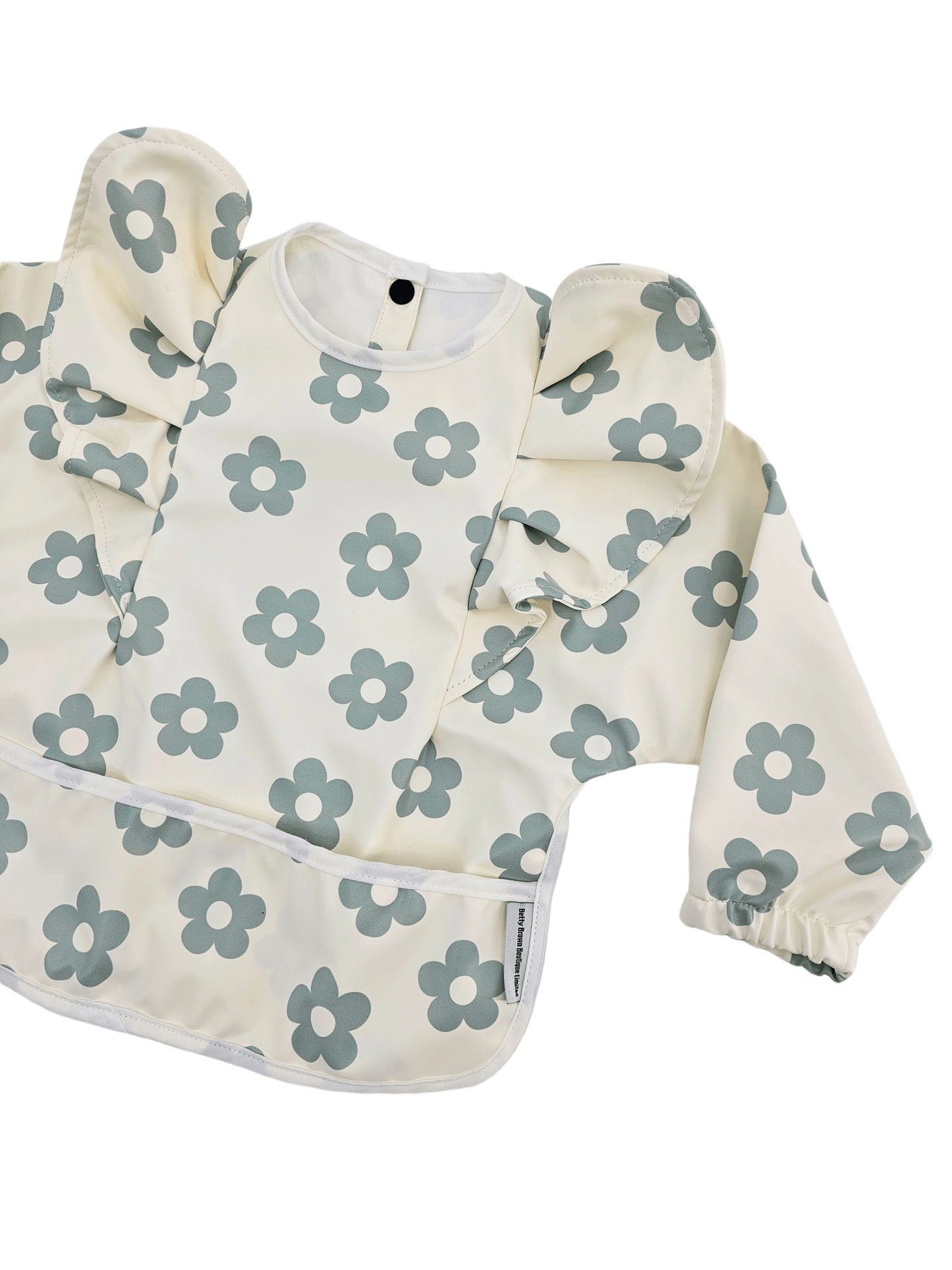 Cream and Sage Daisy Print Frill Detail Waterproof Bib with Sleeves