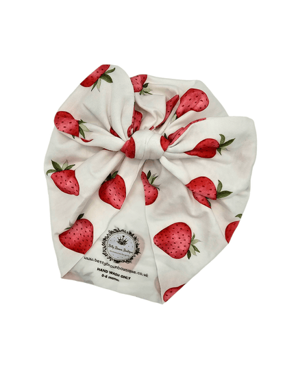 White Strawberry Print Turban Hat With Bow - Betty Brown Boutique Ltd