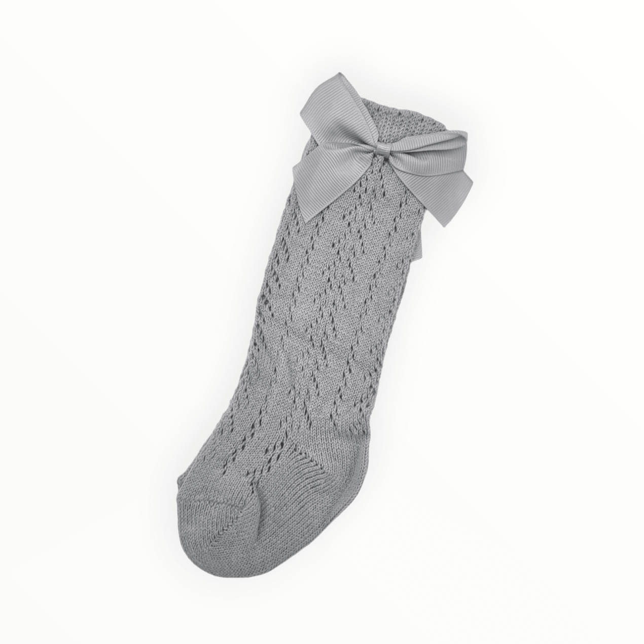 Grey Open Patterned Knee High Socks With Bow