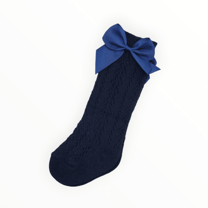 Navy Blue Open Patterned Knee High Socks With 3 Inch Bow - Betty Brown Boutique Ltd