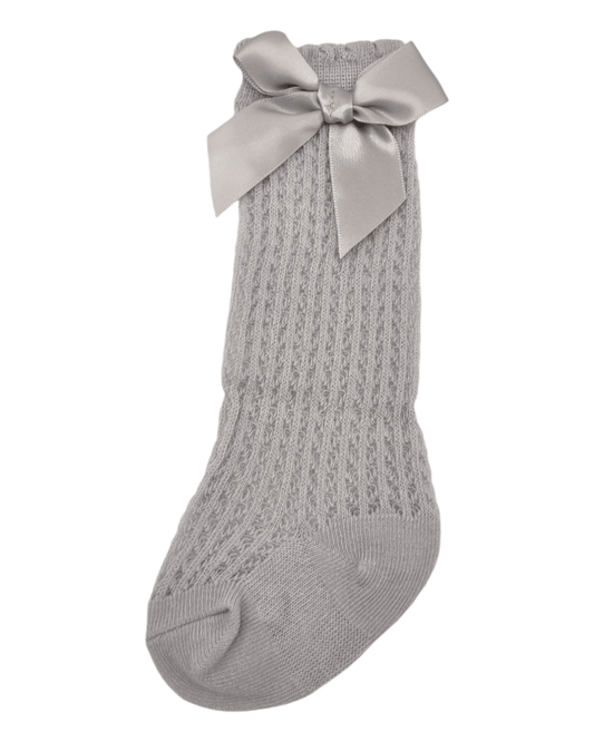 Grey Open Patterned Knee High Bow Socks