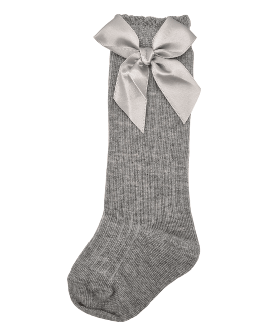 Grey Ribbed Knee High Bow Socks