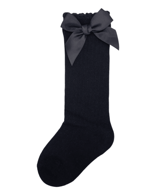 Black Ribbed Knee High Socks With 3 Inch Bow - Betty Brown Boutique Ltd