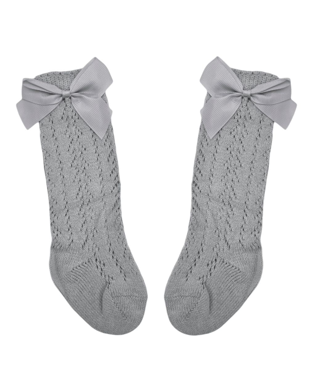 Grey Open Patterned Knee High Socks With Bow