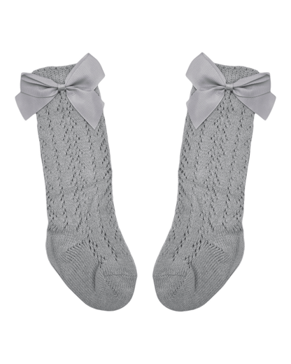 Grey Open Patterned Knee High Socks With Bow