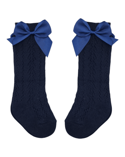 Navy Blue Open Patterned Knee High Socks With 3 Inch Bow - Betty Brown Boutique Ltd