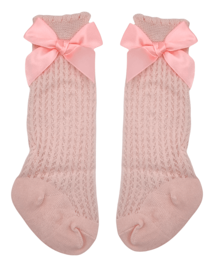 Pink Open Patterned Knee High Bow Socks