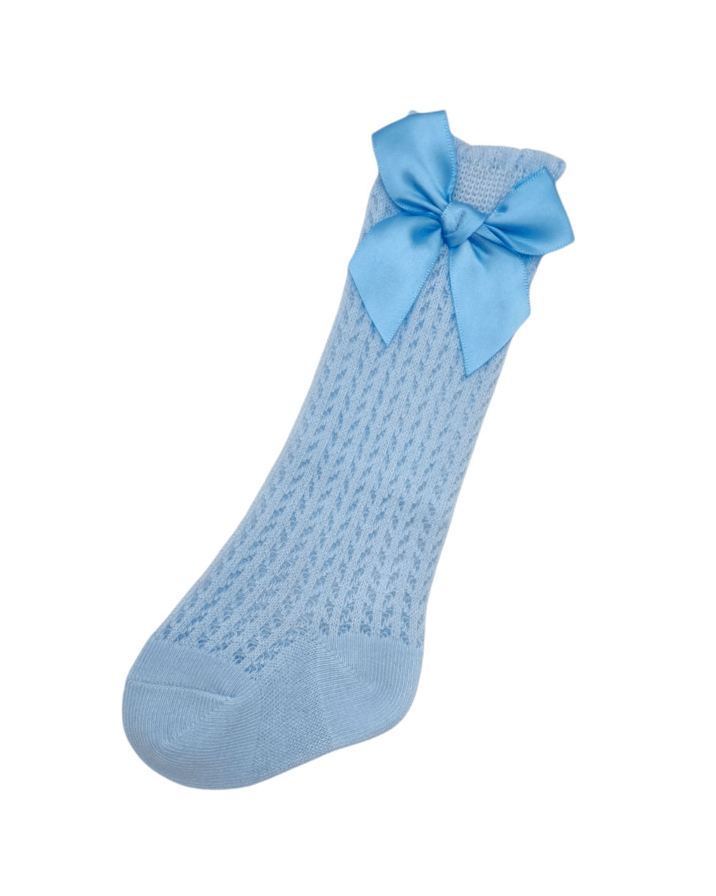 Pale Blue Open Patterned Knee High Socks With Satin 3 Inch Bow - Betty Brown Boutique Ltd