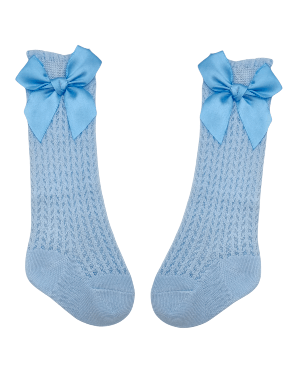 Pale Blue Open Patterned Knee High Socks With Satin 3 Inch Bow - Betty Brown Boutique Ltd