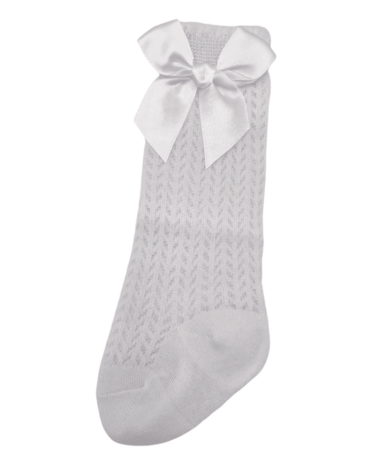 White Open Patterned Knee High Bow Socks