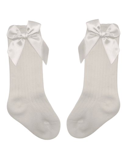 Ivory Ribbed Knee High Bow Socks