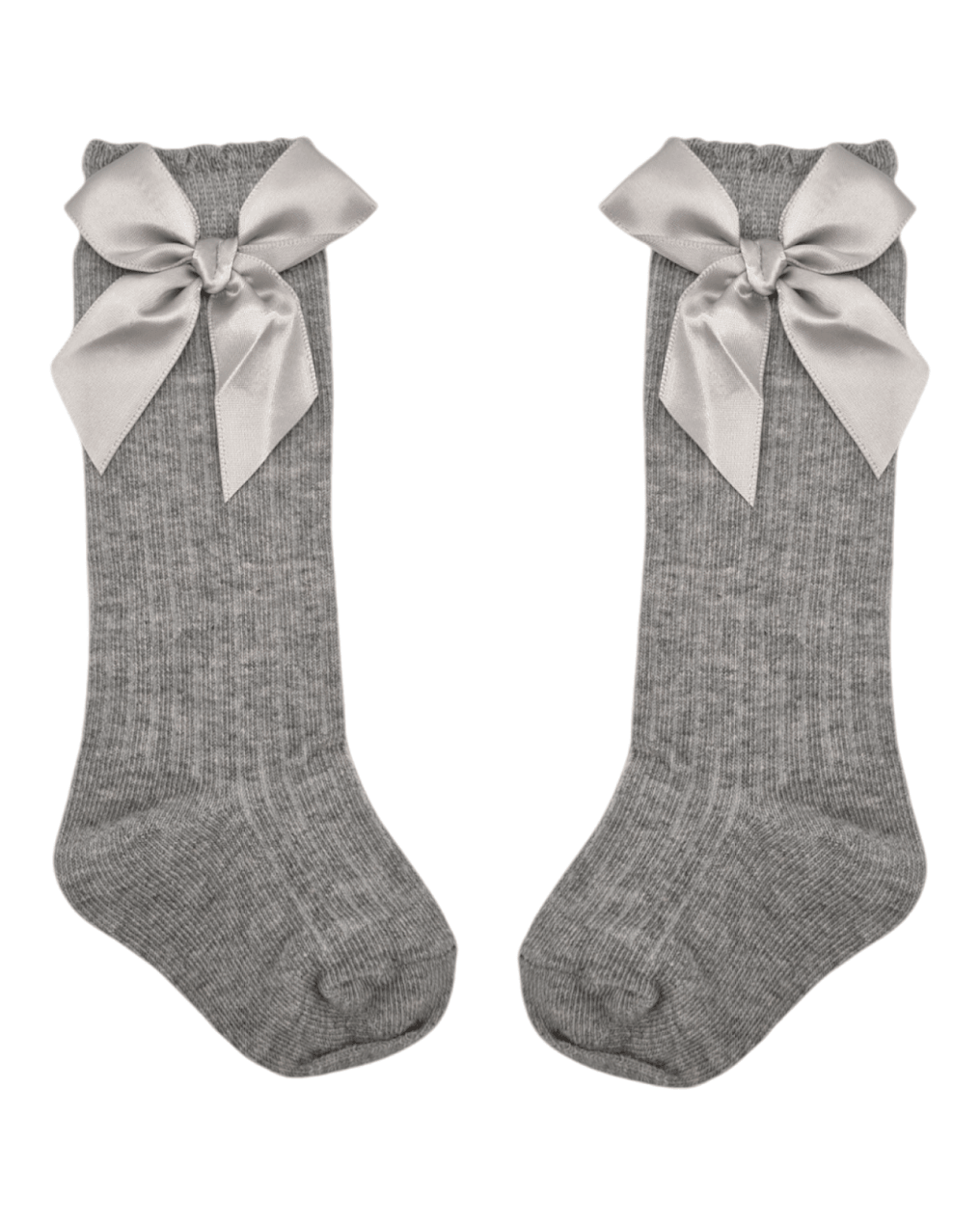 Grey Ribbed Knee High Bow Socks