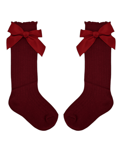 Red Ribbed Knee High Bow Socks