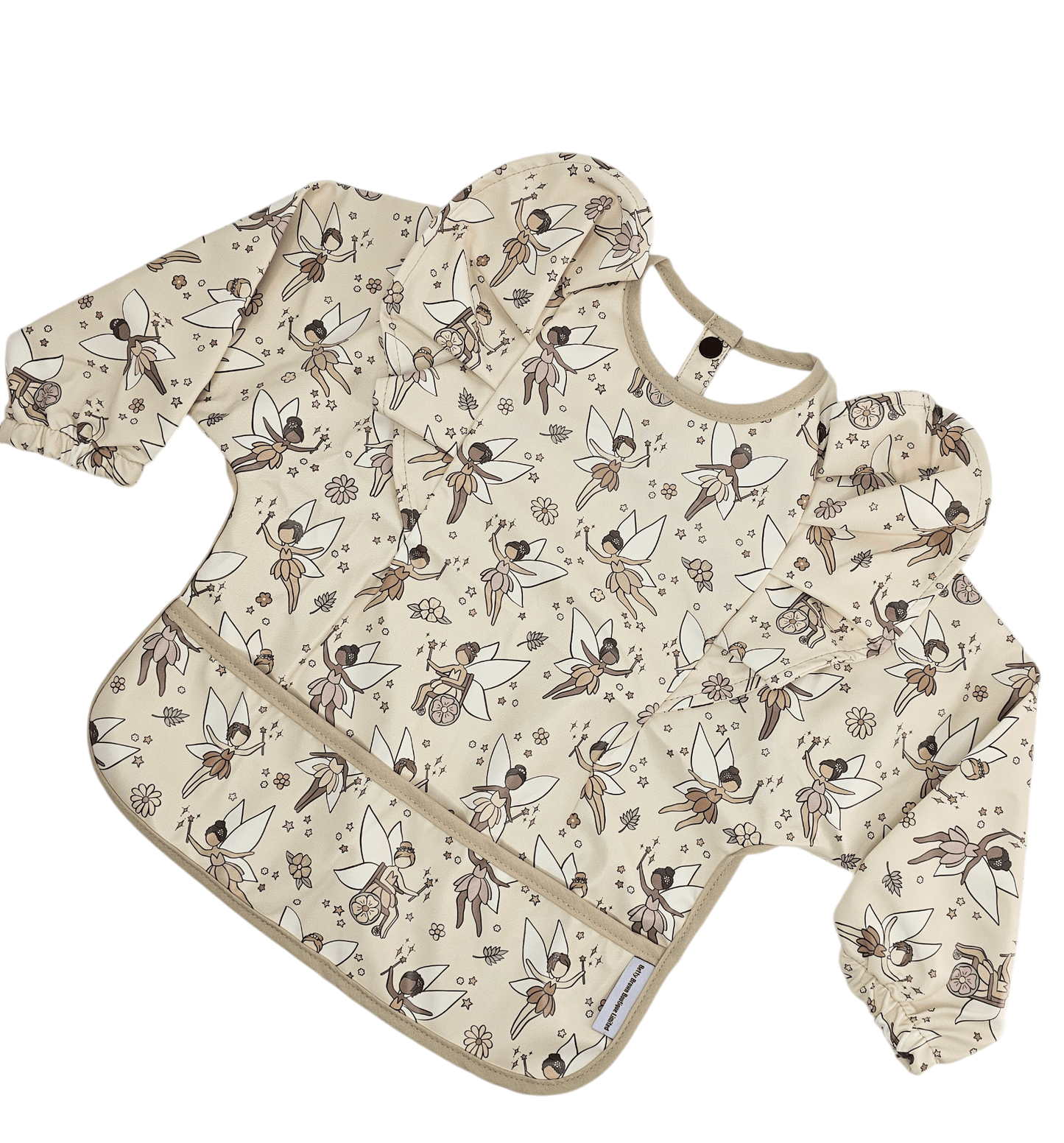 Neutral Fairy Print Frill Detail Waterproof Bib with Sleeves