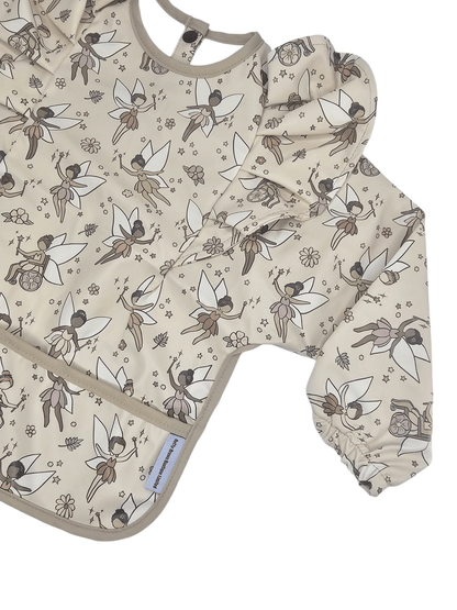 Neutral Fairy Print Frill Detail Waterproof Bib with Sleeves