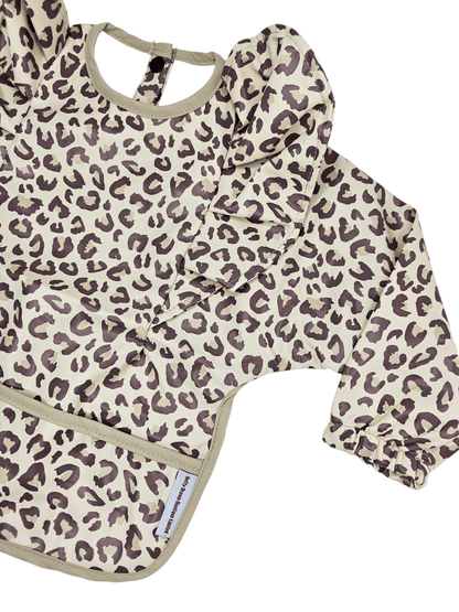 Leopard Print Frill Detail Waterproof Bib with Sleeves