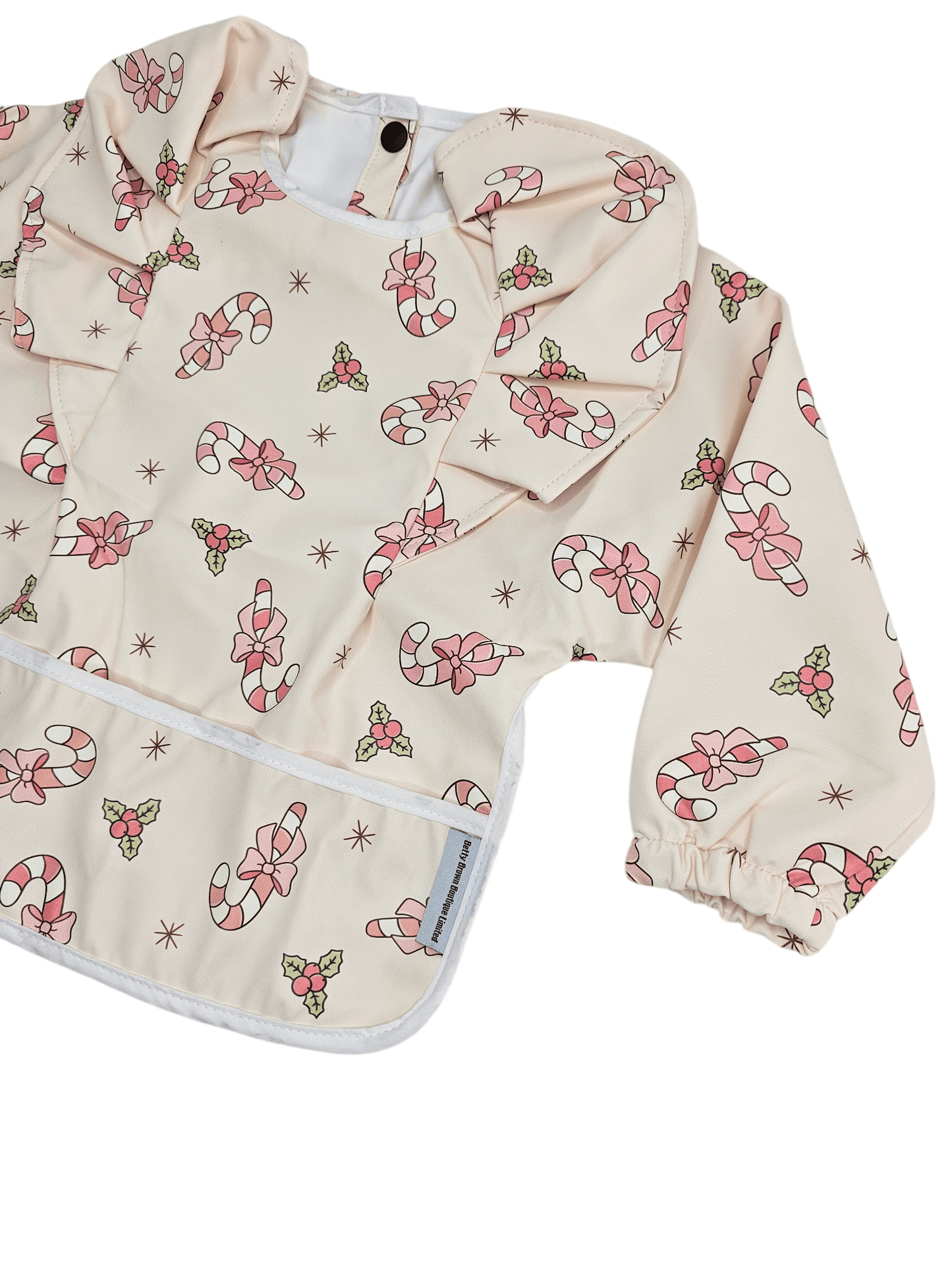 Pink Candy Cane Christmas Print Frill Detail Waterproof Bib with Sleeves