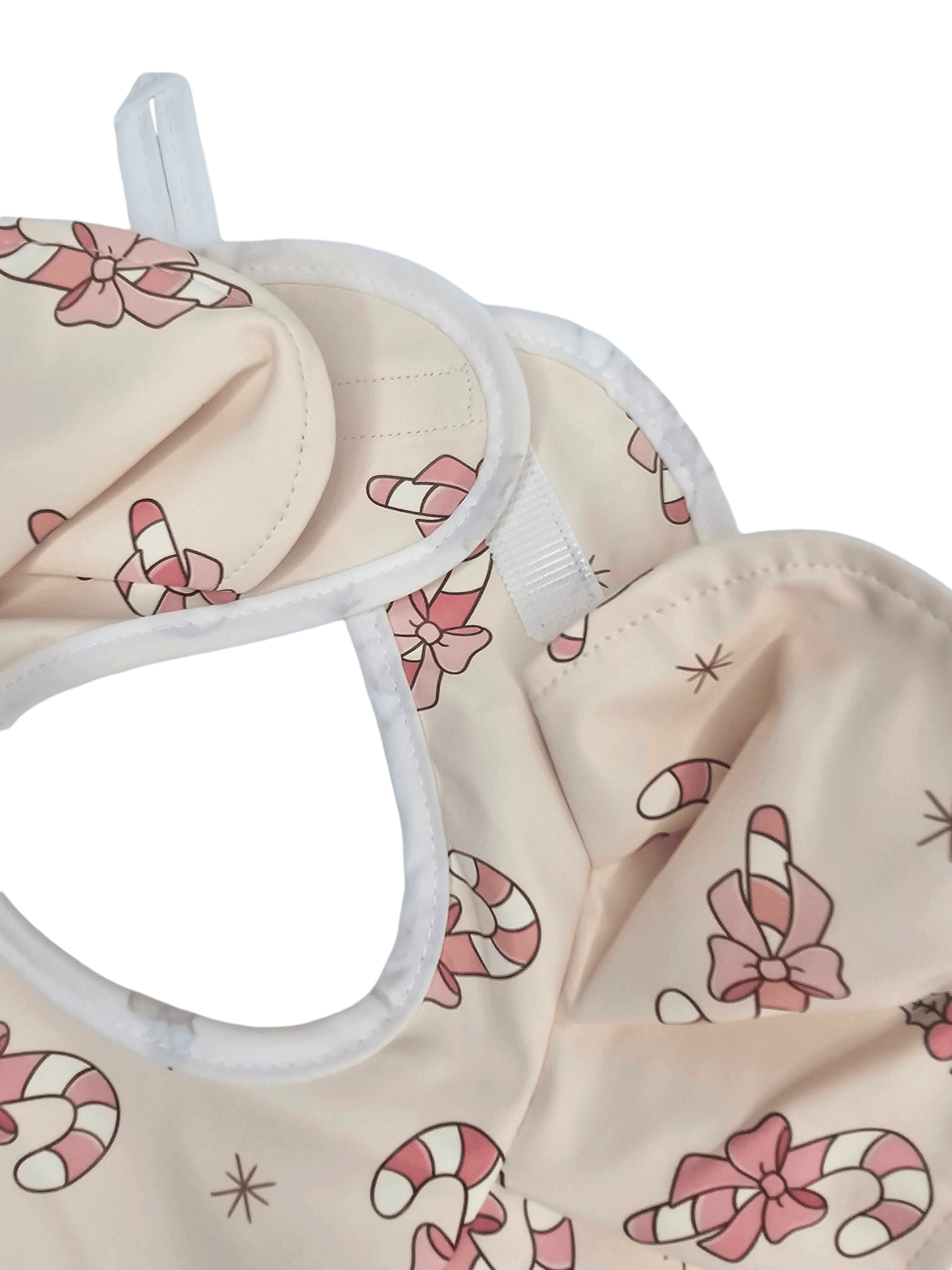 Pink Candy Cane Christmas Print Frill Detail Waterproof Bib