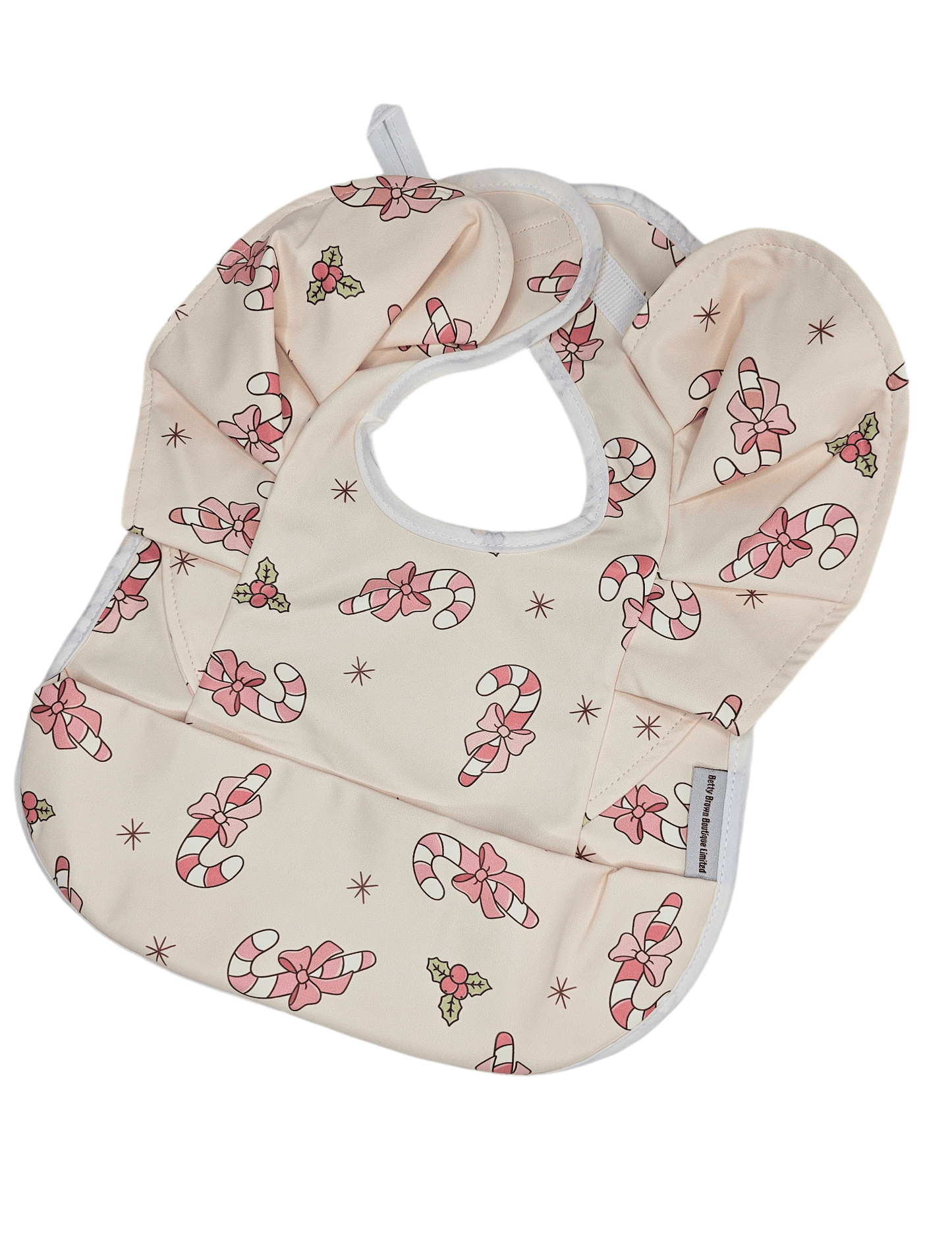 Pink Candy Cane Christmas Print Frill Detail Waterproof Bib