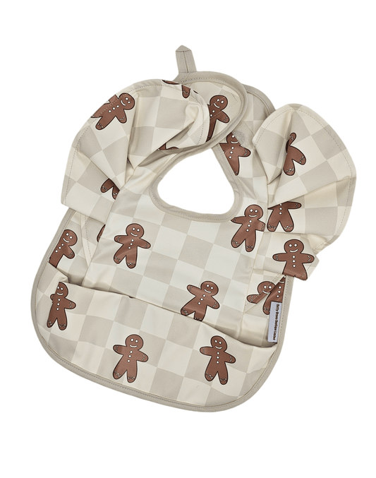 Gingham Gingerbread Man Christmas Print Frill Detail Waterproof Bib