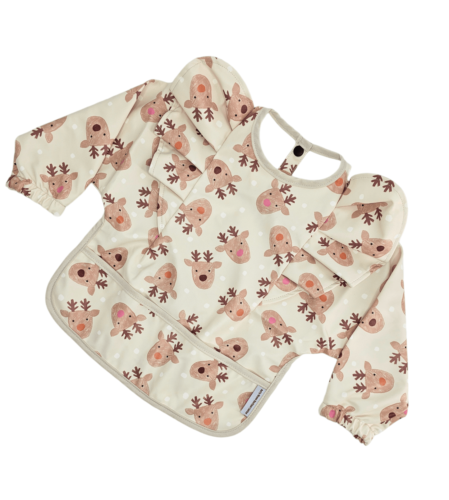 Reindeer Christmas Print Frill Detail Waterproof Bib with Sleeves