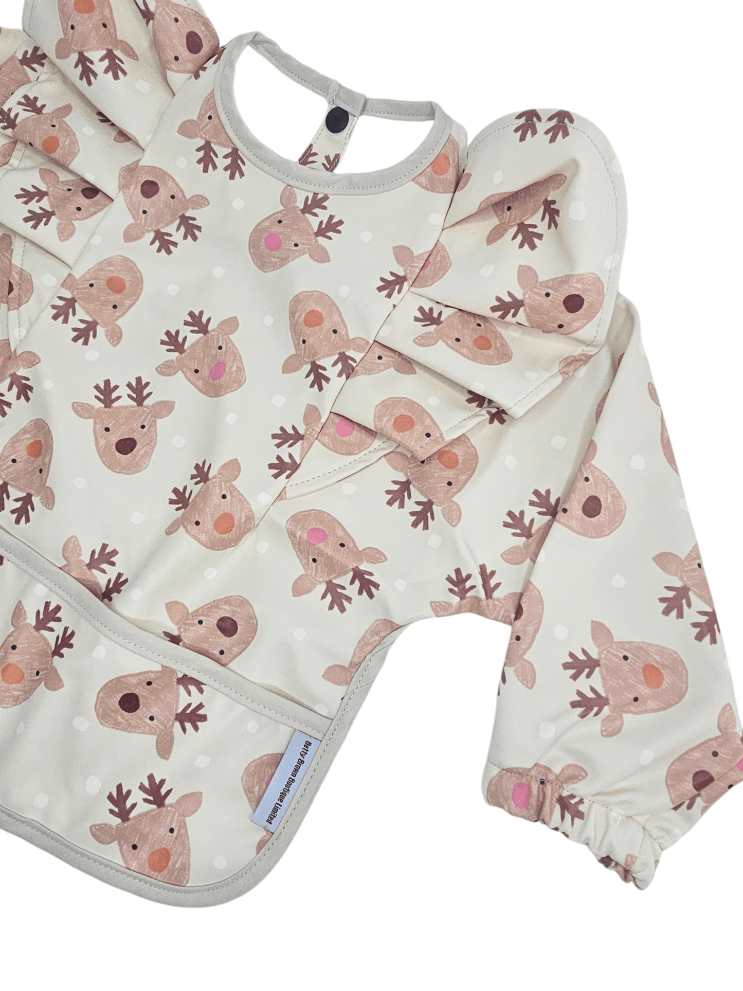 Reindeer Christmas Print Frill Detail Waterproof Bib with Sleeves