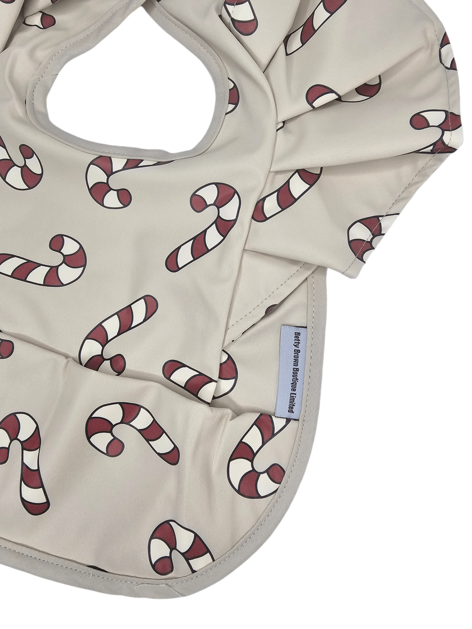 Neutral Candy Cane Christmas Print Frill Detailed Waterproof Bib - Betty Brown Boutique Ltd