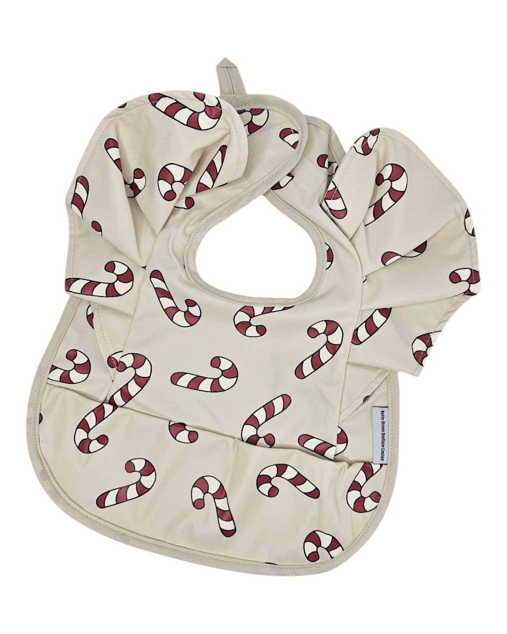 Neutral Candy Cane Christmas Print Frill Detailed Waterproof Bib - Betty Brown Boutique Ltd