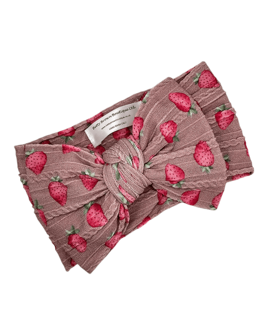 Dusty Pink Strawberry Print Larger Bow Cable Knit Headwrap