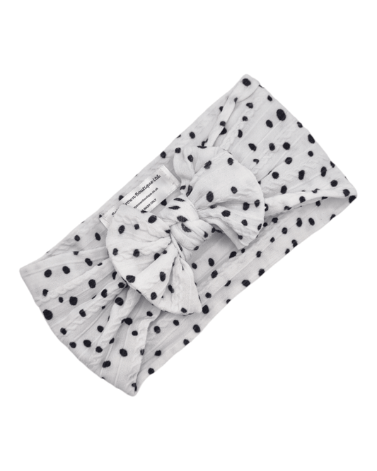 Adult Size - Black and White Dalmatian Cable Knit Bow Headwrap - Betty Brown Boutique Ltd