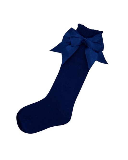 Navy Blue Knee High Socks With Larger Satin Bow - Betty Brown Boutique Ltd