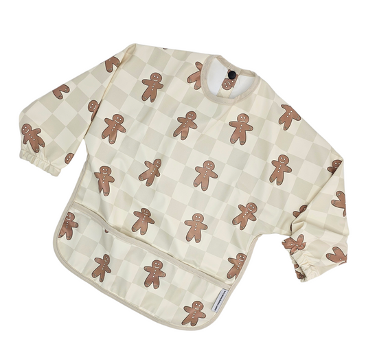 Gingham Gingerbread Man Christmas Print Waterproof Bib with Sleeves