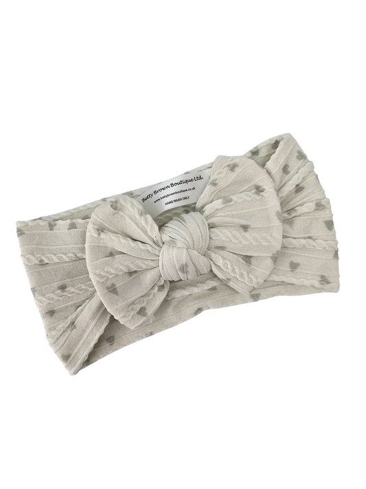 Pale Sage Heart Smaller Bow Cable Knit Headband  - Valentines Collection