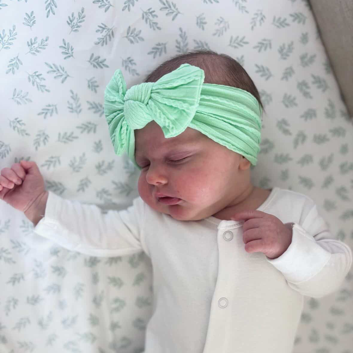 Apple Green Smaller Bow Headband For Newborn Babies to Age 3 - Image 1